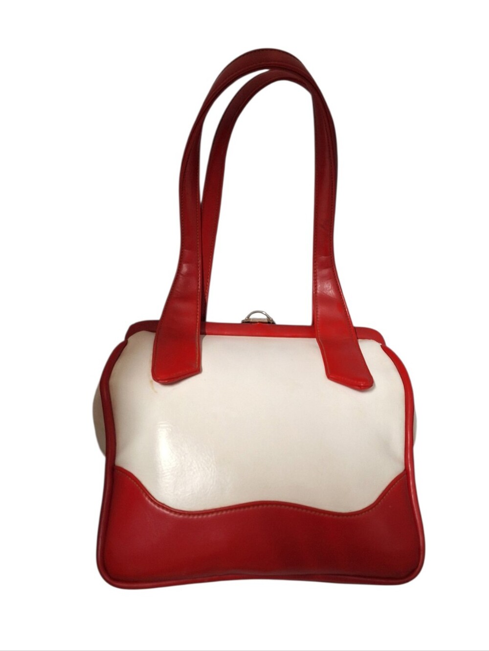 Vintage Classic Red & White  Structured Tote Bag Bowling Style Purse READ 1960's